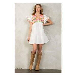 THML Robyn Floral Embroidered Dress with Ruffled Sleeves